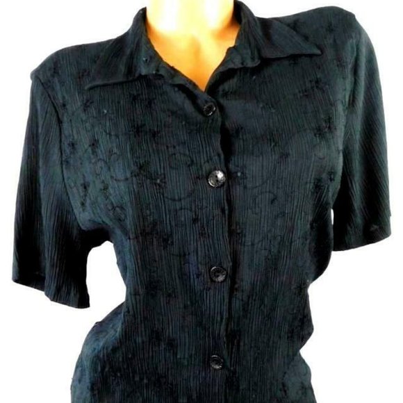 KATHIE LEE BLACK EMBROIDERED BUTTON DOWN 14W/16W-EUC - Picture 1 of 5